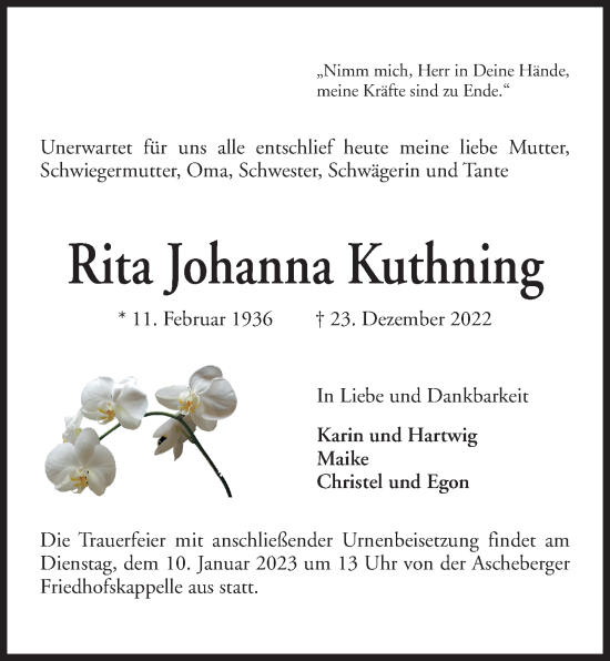 Traueranzeige von Rita Johanna Kuthning von Kieler Nachrichten