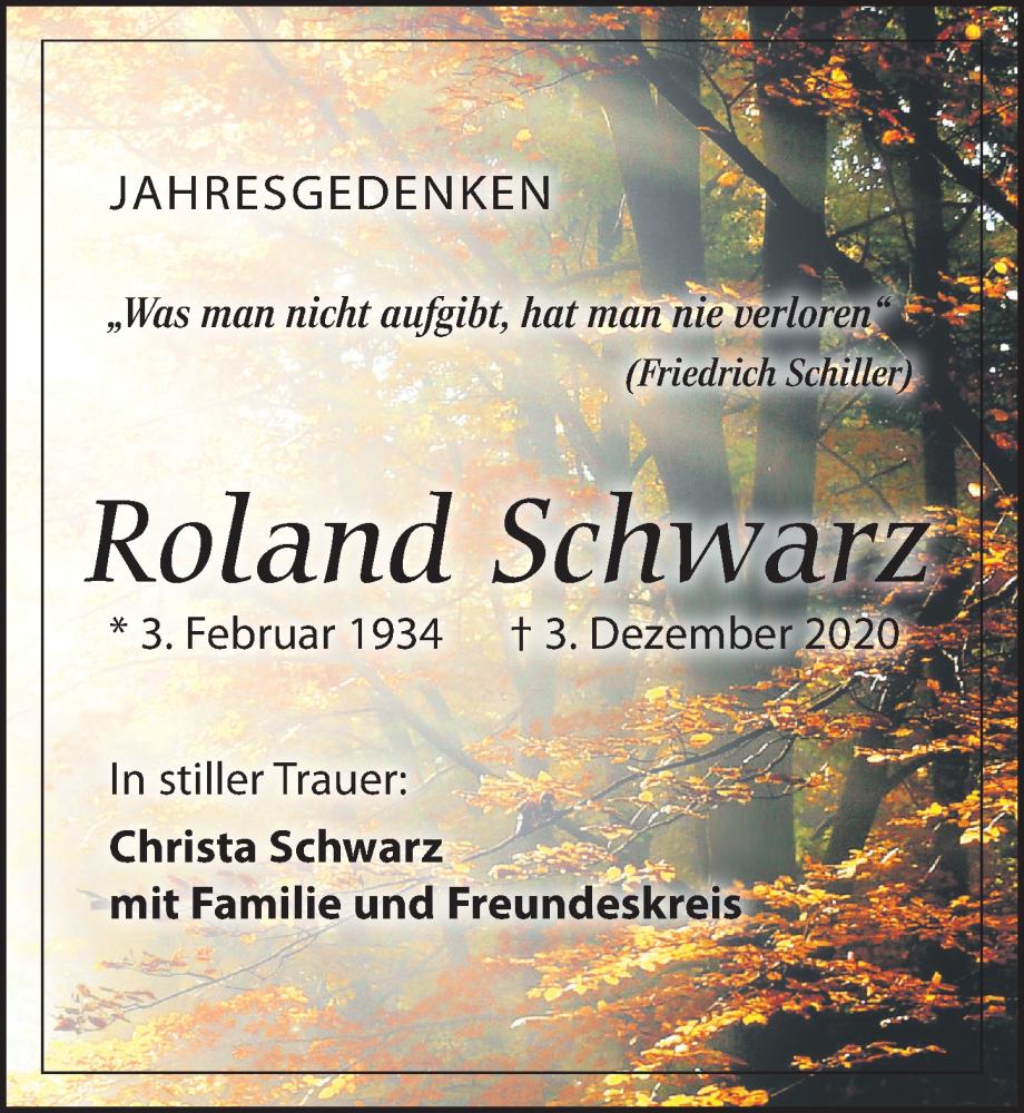  Traueranzeige für Roland Schwarz vom 03.12.2022 aus Leipziger Volkszeitung