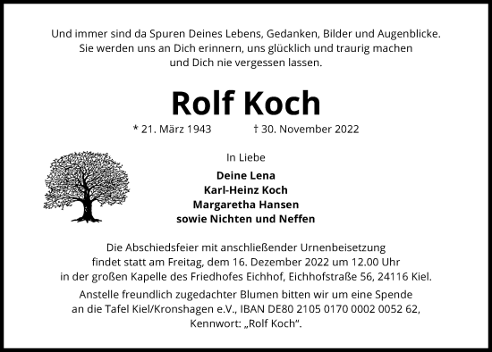 Traueranzeige von Rolf Koch von Kieler Nachrichten