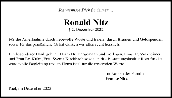 Traueranzeige von Ronald Nitz von Kieler Nachrichten