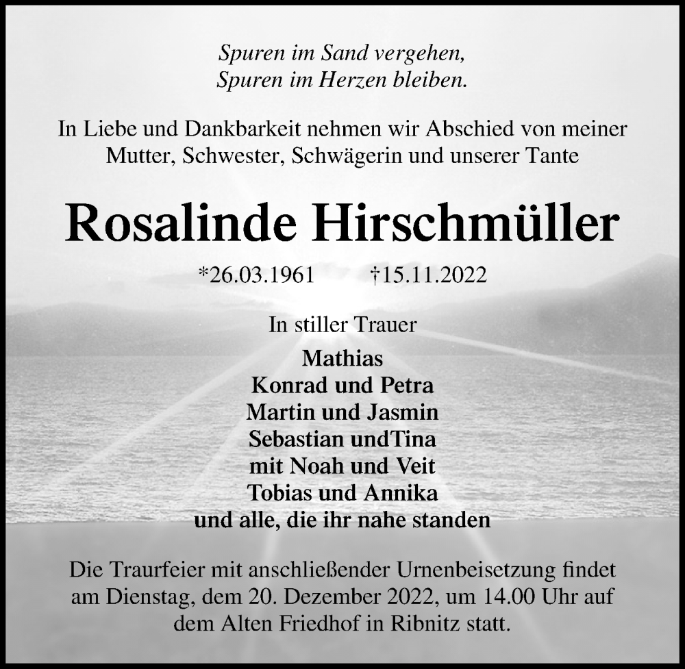  Traueranzeige für Rosalinde Hirschmüller vom 10.12.2022 aus Ostsee-Zeitung GmbH