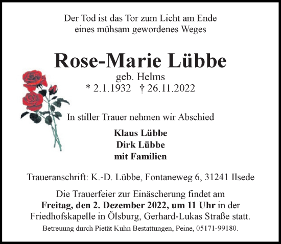 Traueranzeige von Rose-Marie Lübbe von Peiner Allgemeine Zeitung