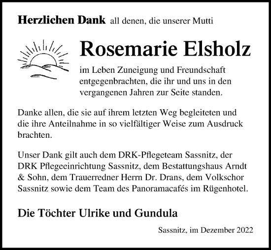Traueranzeige von Rosemarie Elsholz von Ostsee-Zeitung GmbH