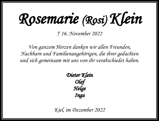 Traueranzeige von Rosemarie Klein von Kieler Nachrichten