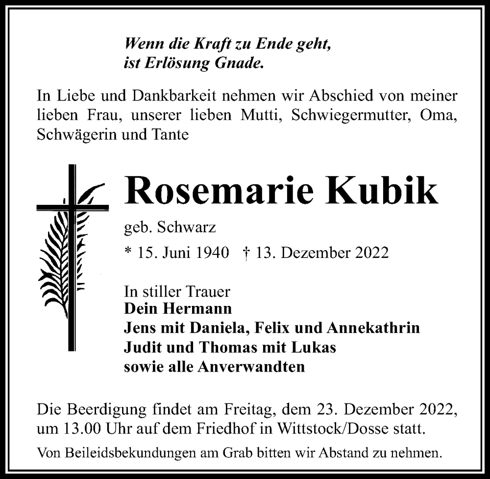  Traueranzeige für Rosemarie Kubik vom 22.12.2022 aus Märkischen Allgemeine Zeitung
