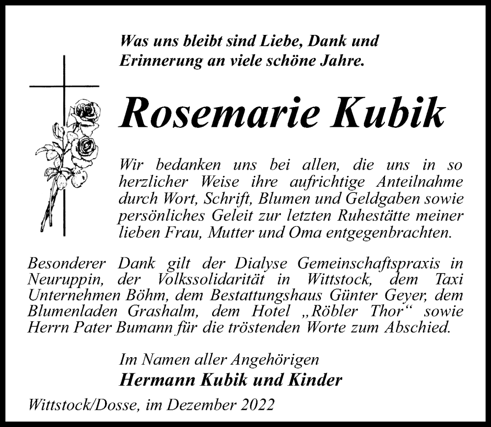  Traueranzeige für Rosemarie Kubik vom 31.12.2022 aus Märkischen Allgemeine Zeitung