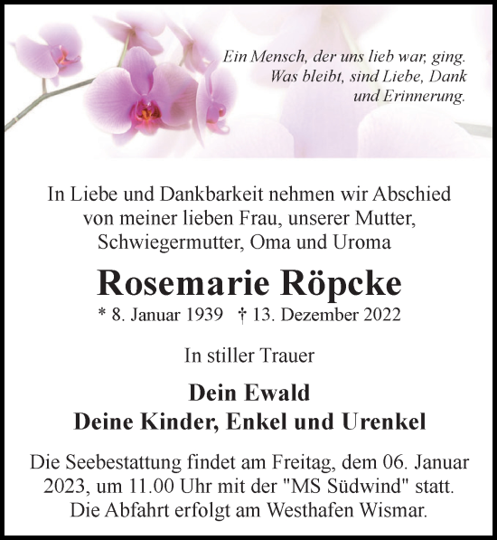 Traueranzeige von Rosemarie Röpcke von Ostsee-Zeitung GmbH