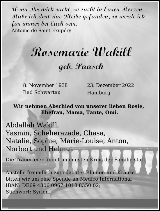 Traueranzeige von Rosemarie Wakill von Lübecker Nachrichten