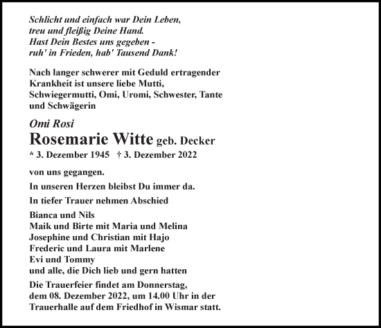 Traueranzeige von Rosemarie Witte von Ostsee-Zeitung GmbH