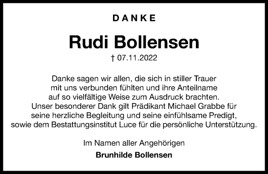 Traueranzeige von Rudi Bollensen von Göttinger Tageblatt