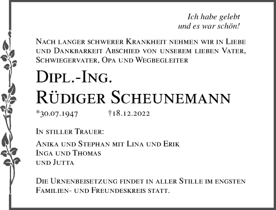 Traueranzeige von Rüdiger Scheunemann von Lübecker Nachrichten
