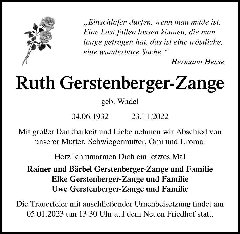  Traueranzeige für Ruth Gerstenberger-Zange vom 17.12.2022 aus Märkischen Allgemeine Zeitung