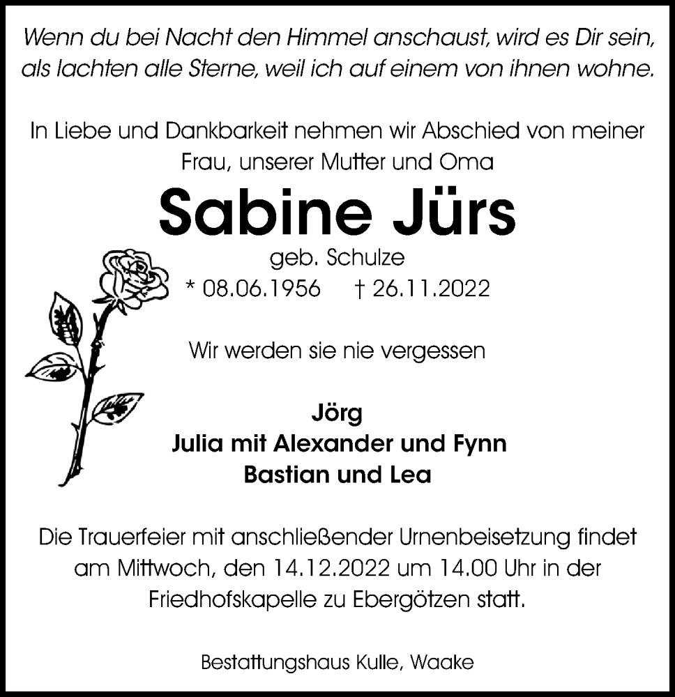  Traueranzeige für Sabine Jürs vom 03.12.2022 aus Göttinger Tageblatt