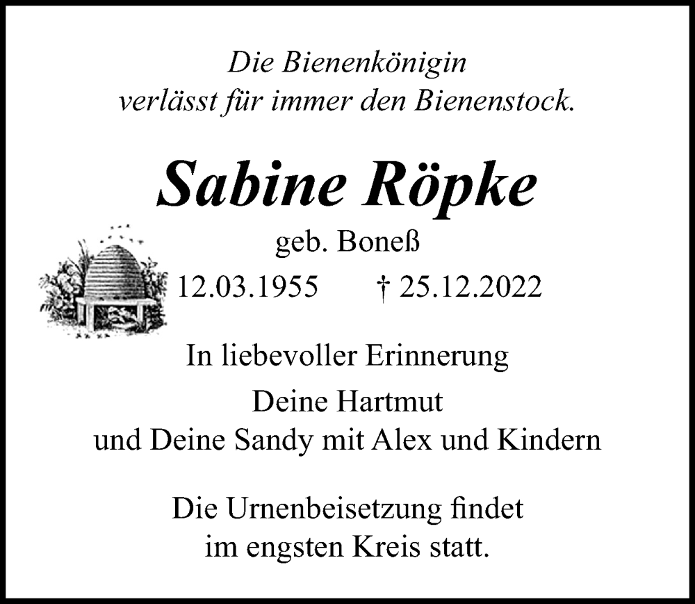  Traueranzeige für Sabine Röpke vom 31.12.2022 aus Ostsee-Zeitung GmbH