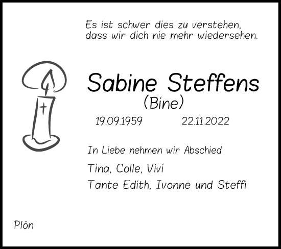 Traueranzeige von Sabine Steffens von Kieler Nachrichten