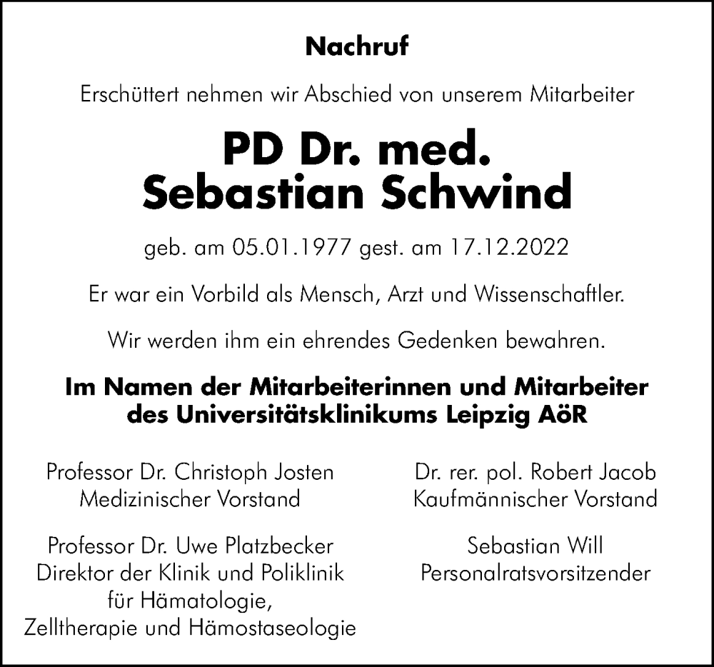  Traueranzeige für Sebastian Schwind vom 24.12.2022 aus Leipziger Volkszeitung