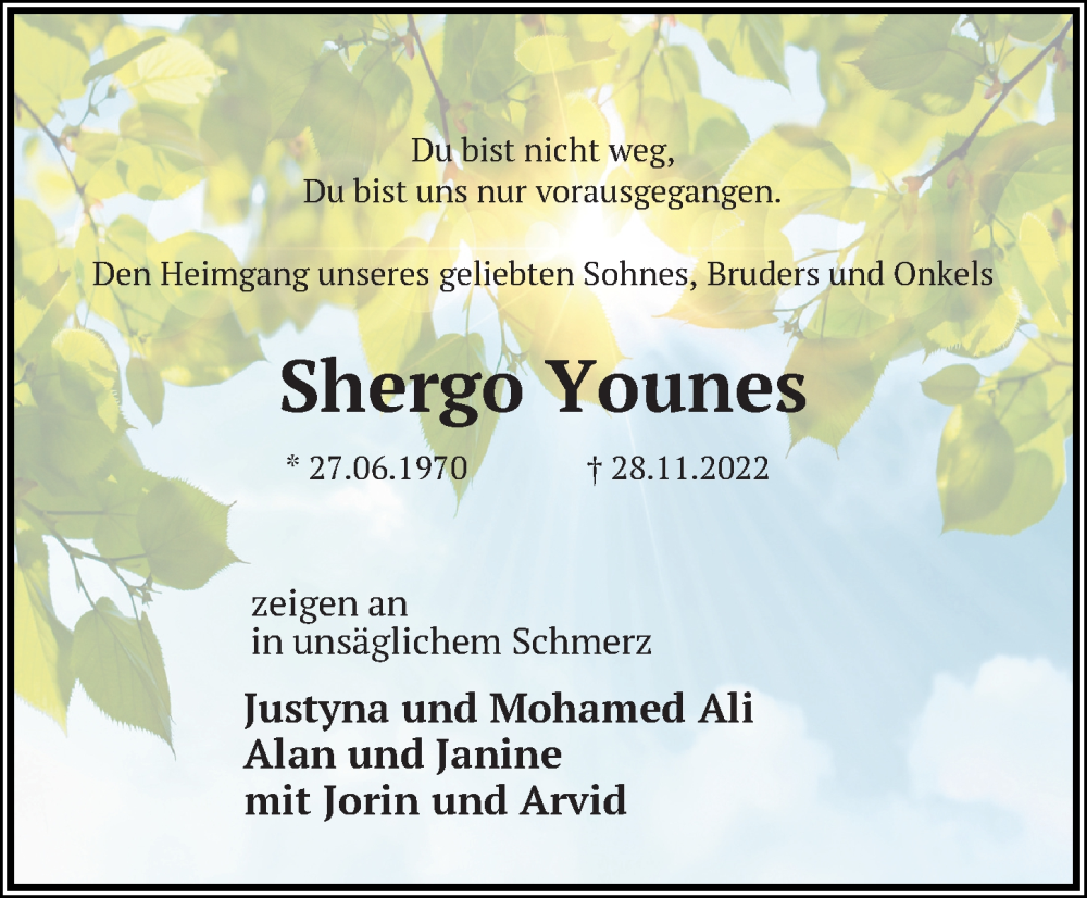  Traueranzeige für Shergo Younes vom 10.12.2022 aus Hannoversche Allgemeine Zeitung/Neue Presse