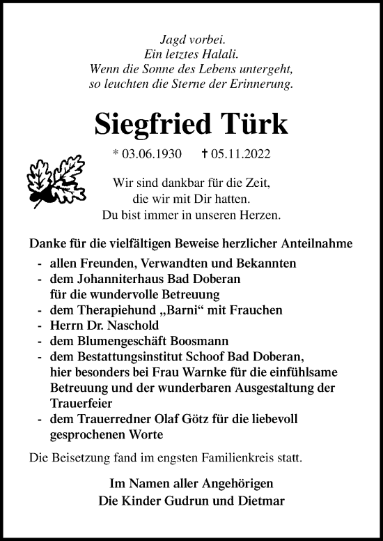 Traueranzeige von Siegfried Türk von Ostsee-Zeitung GmbH