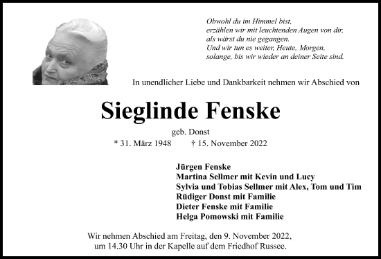 Traueranzeige von Sieglinde Fenske von Kieler Nachrichten