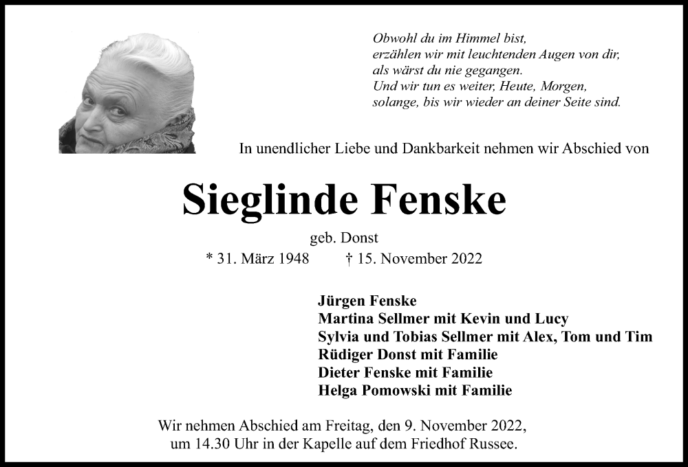  Traueranzeige für Sieglinde Fenske vom 03.12.2022 aus Kieler Nachrichten