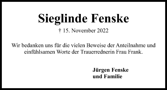 Traueranzeige von Sieglinde Fenske von Kieler Nachrichten