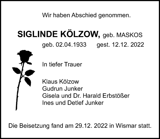 Traueranzeige von Siglinde Kölzow von Ostsee-Zeitung GmbH