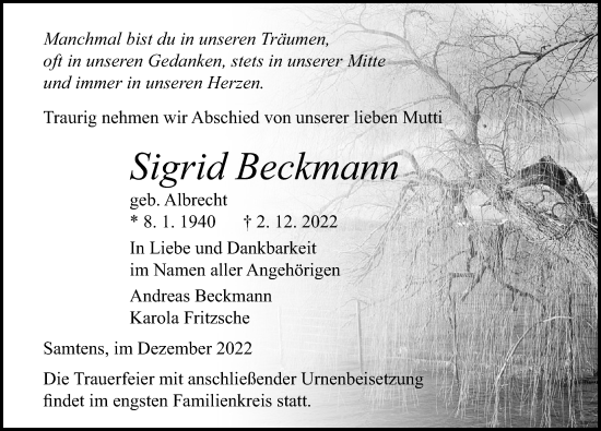 Traueranzeige von Sigrid Beckmann von Ostsee-Zeitung GmbH