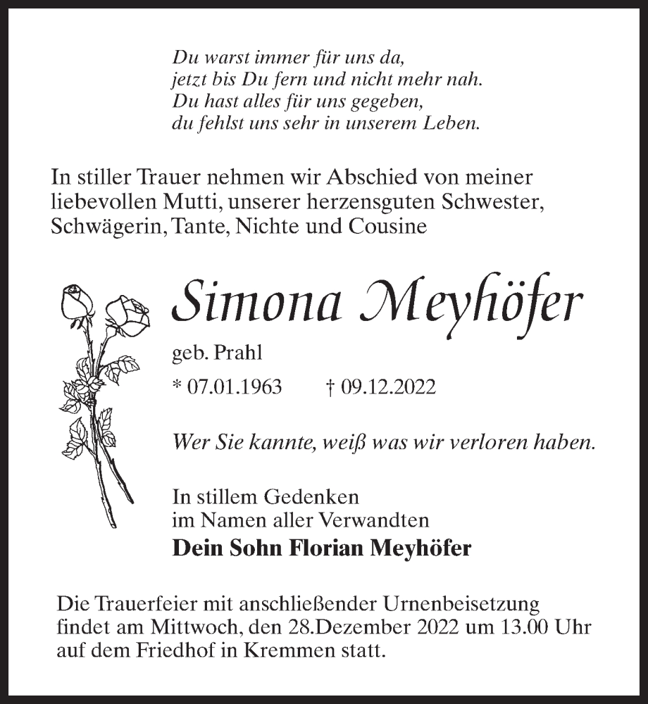  Traueranzeige für Simona Meyhöfer vom 17.12.2022 aus Märkischen Allgemeine Zeitung