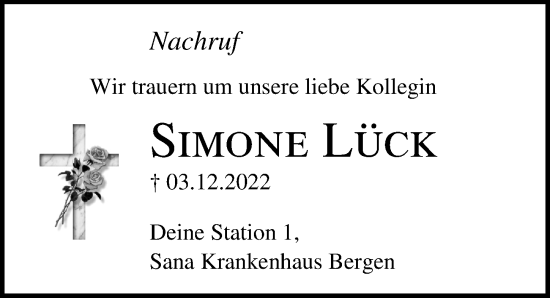 Traueranzeige von Simone Lück von Ostsee-Zeitung GmbH