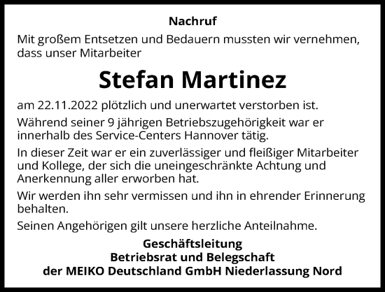 Traueranzeige von Stefan Martinez von Hannoversche Allgemeine Zeitung/Neue Presse