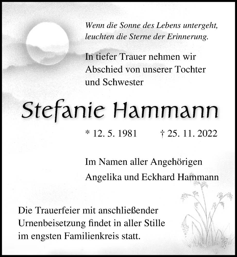  Traueranzeige für Stefanie Hammann vom 03.12.2022 aus Ostsee-Zeitung GmbH