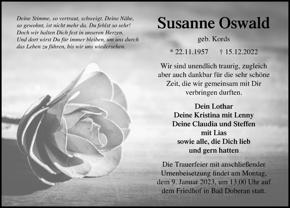  Traueranzeige für Susanne Oswald vom 31.12.2022 aus Ostsee-Zeitung GmbH