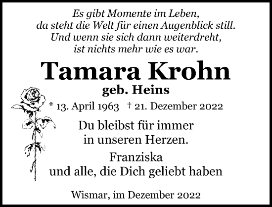 Traueranzeige von Tamara Krohn von Ostsee-Zeitung GmbH