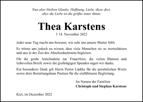 Traueranzeige von Thea Karstens von Kieler Nachrichten