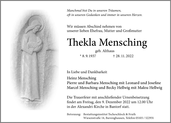 Traueranzeige von Thekla Mensching von Hannoversche Allgemeine Zeitung/Neue Presse