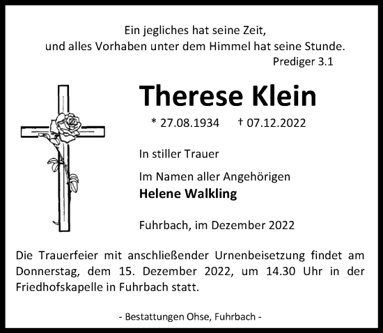 Traueranzeige von Therese Klein von Eichsfelder Tageblatt