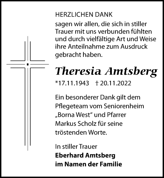 Traueranzeige von Theresia Amtsberg von Leipziger Volkszeitung