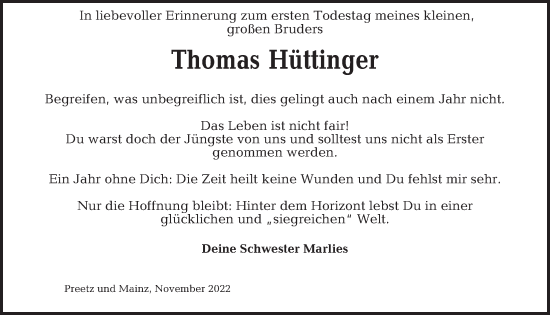 Traueranzeige von Thomas Hüttinger von Kieler Nachrichten