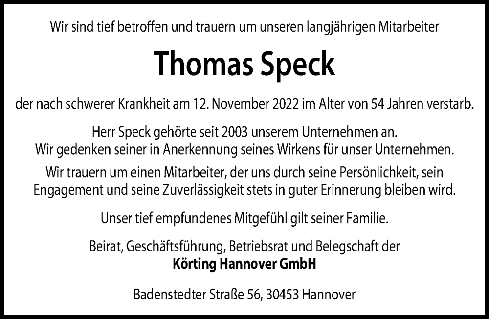  Traueranzeige für Thomas Speck vom 03.12.2022 aus Hannoversche Allgemeine Zeitung/Neue Presse