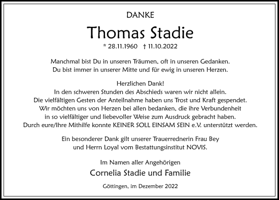 Traueranzeige von Thomas Stadie von Göttinger Tageblatt