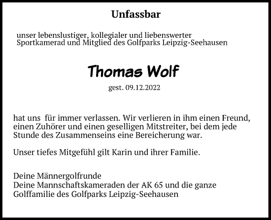 Traueranzeige von Thomas Wolf von Leipziger Volkszeitung