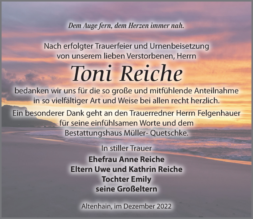  Traueranzeige für Toni Reiche vom 03.12.2022 aus Leipziger Volkszeitung