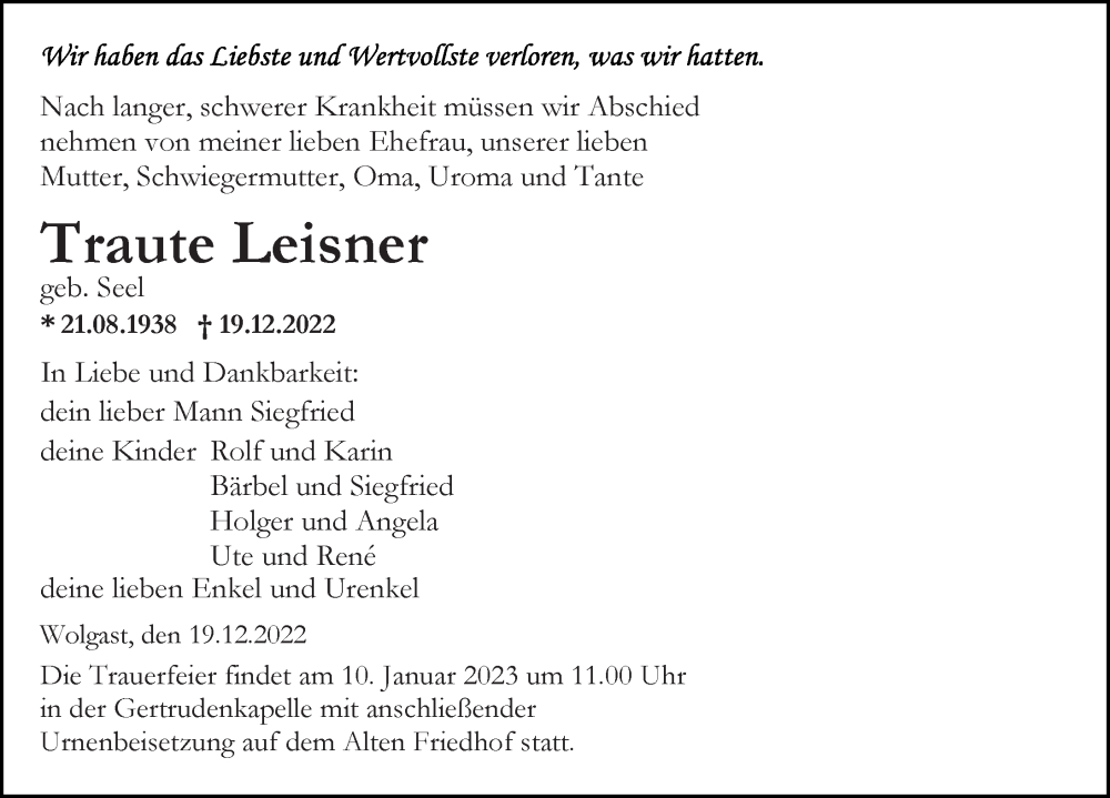  Traueranzeige für Traute Leisner vom 24.12.2022 aus Ostsee-Zeitung GmbH