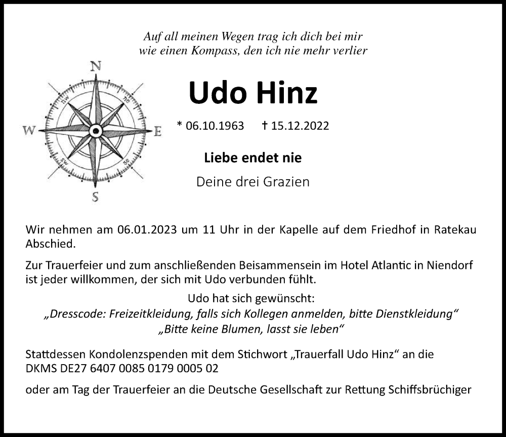  Traueranzeige für Udo Hinz vom 25.12.2022 aus Lübecker Nachrichten