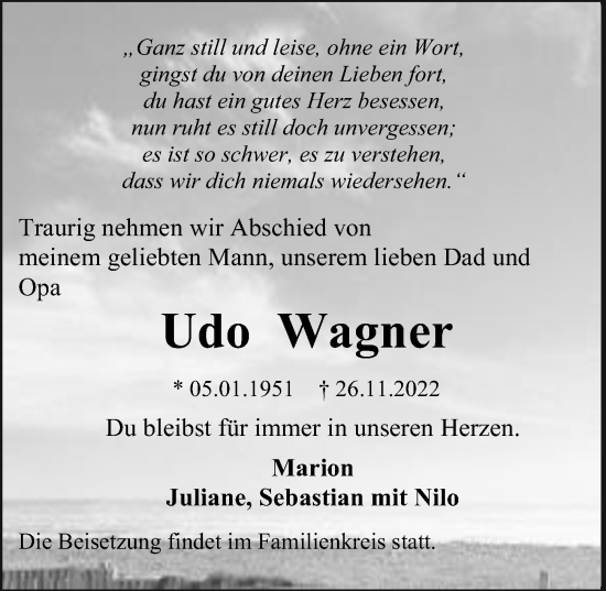Traueranzeige von Udo Wagner von Ostsee-Zeitung GmbH