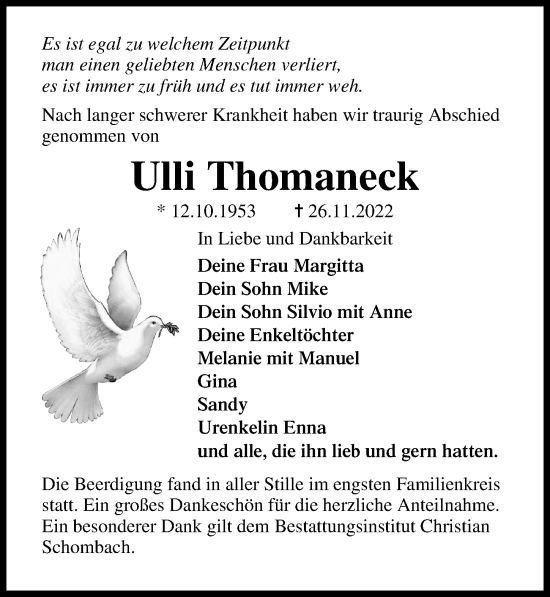 Traueranzeige von Ulli Thomaneck von Ostsee-Zeitung GmbH