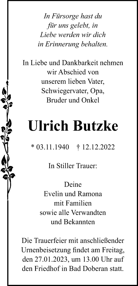 Traueranzeige von Ulrich Butzke von Ostsee-Zeitung GmbH