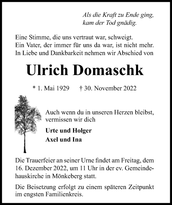Traueranzeige von Ulrich Domaschk von Kieler Nachrichten