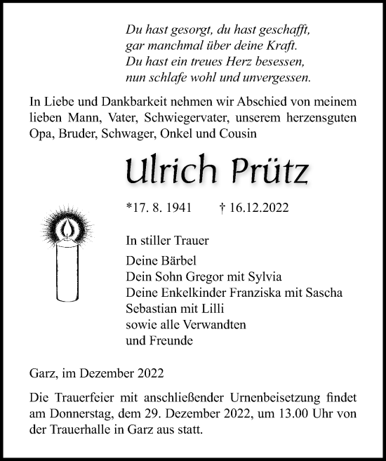 Traueranzeige von Ulrich Prütz von Ostsee-Zeitung GmbH