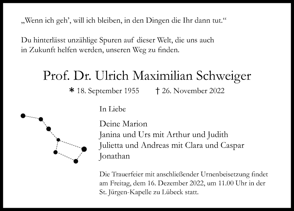  Traueranzeige für Ulrich Maximilian Schweiger vom 11.12.2022 aus Lübecker Nachrichten